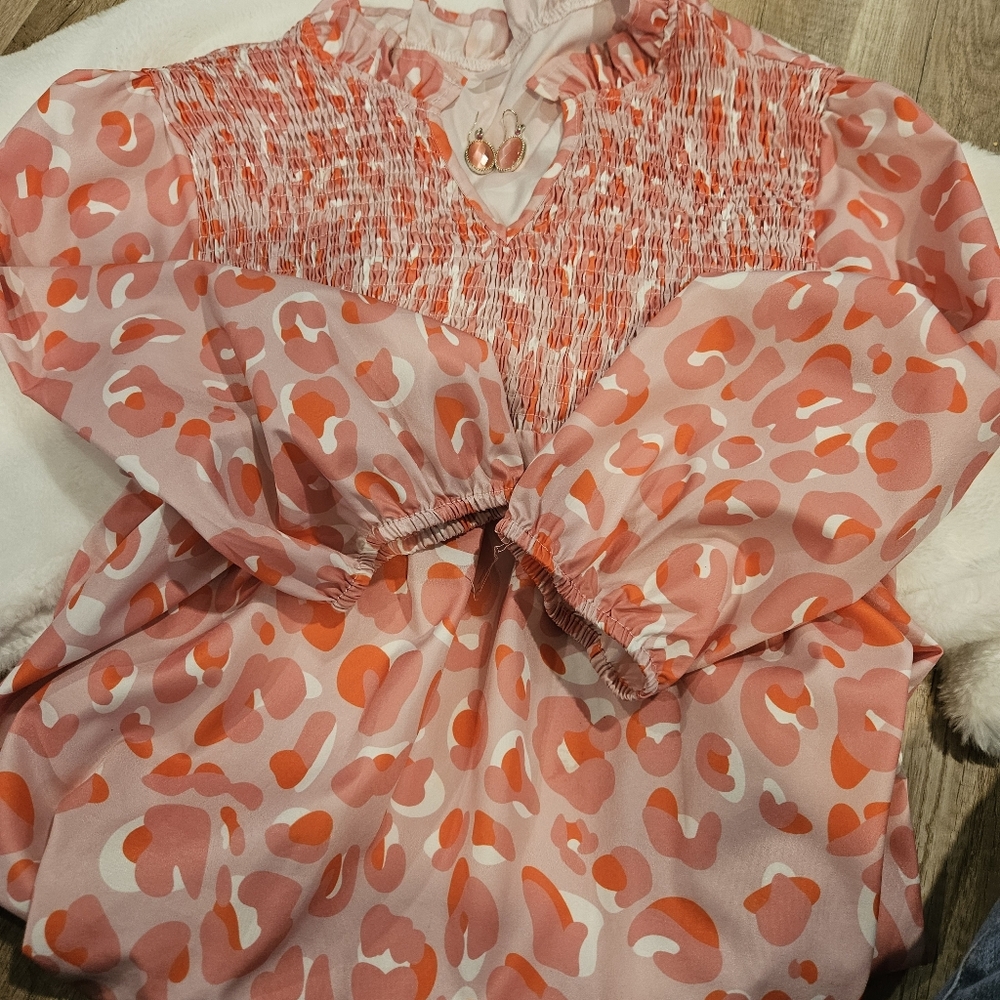 Pink and Orange Cheetah Smocked Top with FREE Matching Vintage Earrings